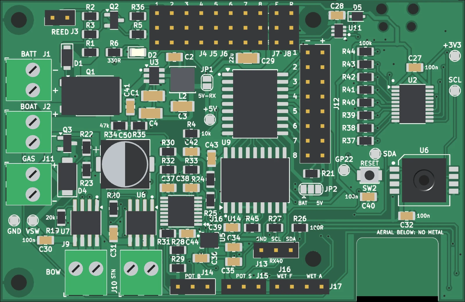 The Commander board seen from the parts face, with numbered markers on its connectors.