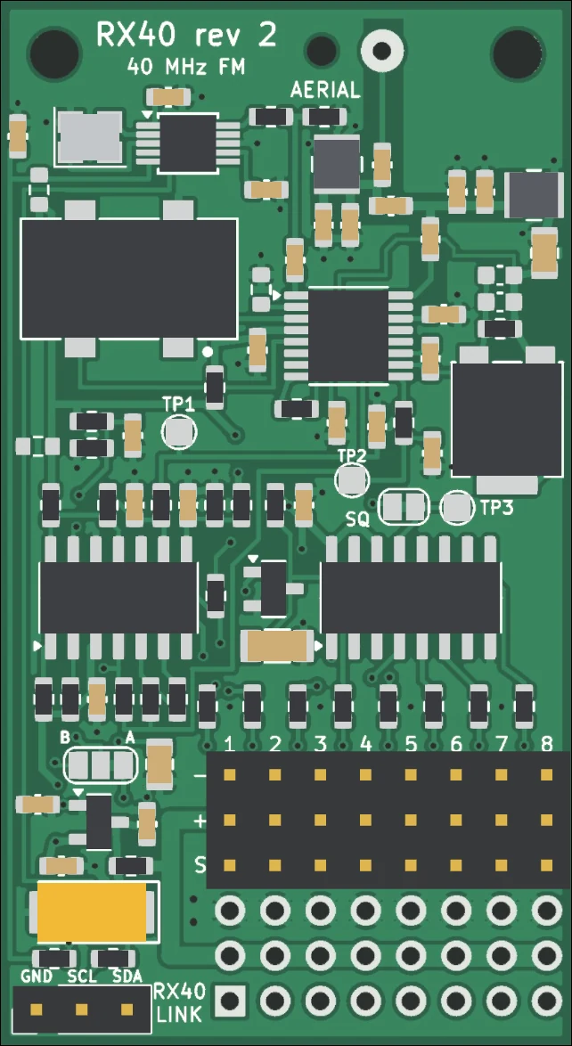 The RX40 board seen from above with the aerial end at the top, with numbered markers on its connections.