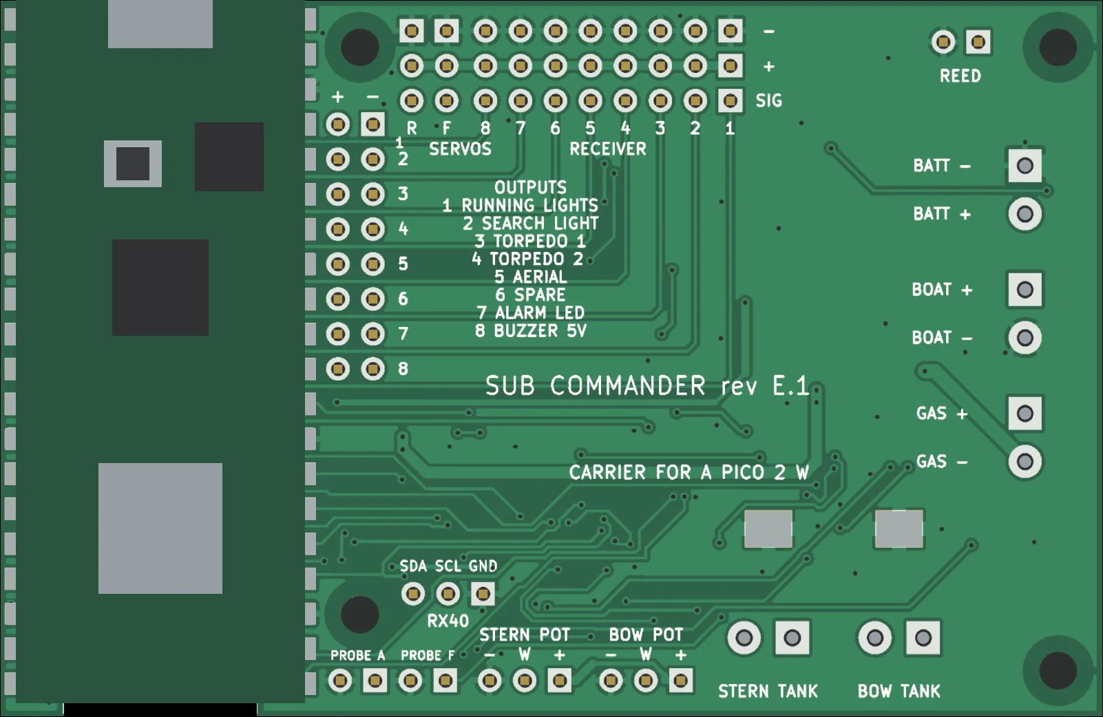 The Commander board seen from the other face: the Pico stands upright at one end, with its USB socket at the top edge.